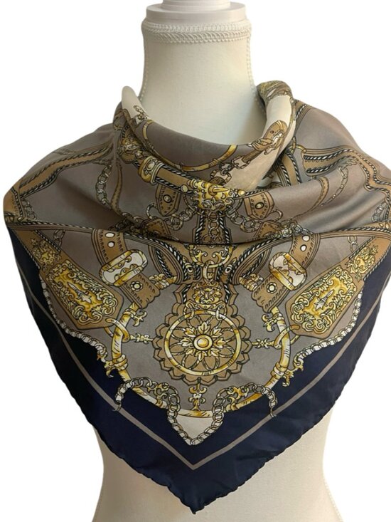 Accessories - Vintage Equestrian Chain Print Silk Scarf (30" x 30") – Hand Rolled Edges